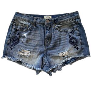 Mudd Shorts Size 11 Distressed Embroidered Raw Hem Denim Stretch Cheeky Y2K